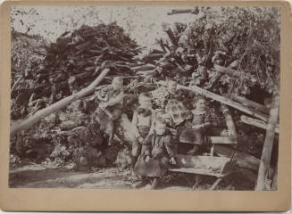 Photograph of Johnson Family Children infront of "Granma Broomell's Woodpile"