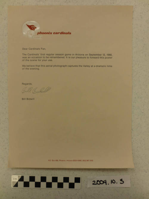 "phoenix cardinals..Dear Cardinals Fan…"--signed by Bill Bidwill