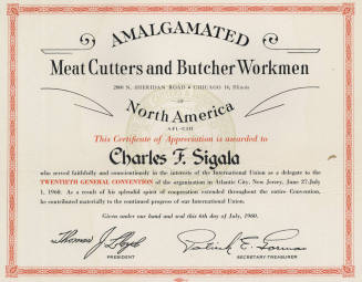 Commemorative Certificate Amalgamated Meat Cutters and Butchers, to Charles Sigala, 1960