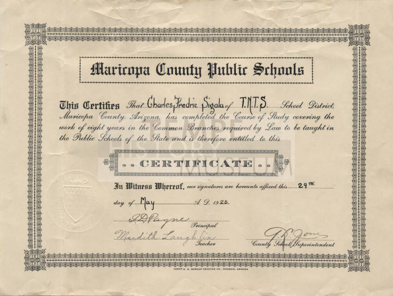 Charles Sigala 8th Grade Graduation Certificate