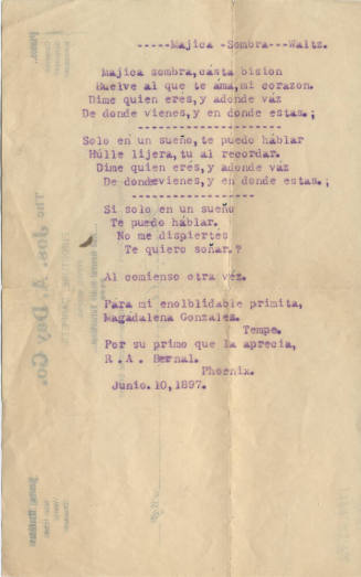 Poem typewritten to Magdalena Gonzalez from R.A. Bernal, 1897