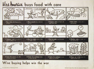 "Mrs. America buys food with care. Wise buying help win the war."