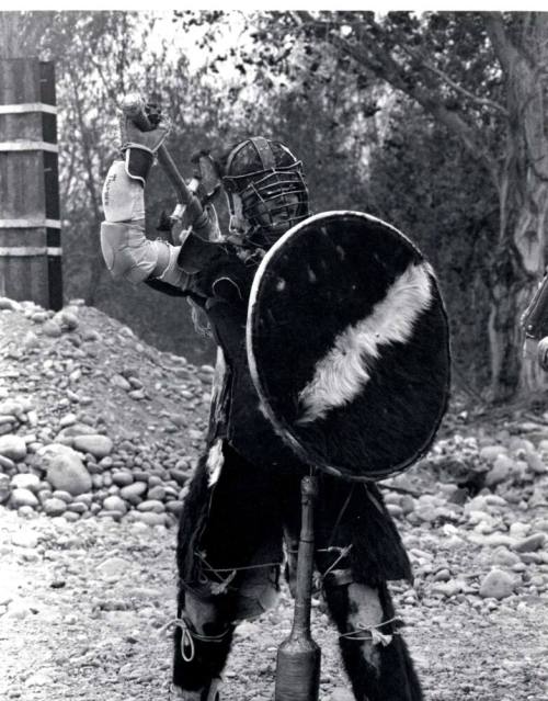 Photograph - Society for Creative Anachronism - Man in Armour with shield and battle axe