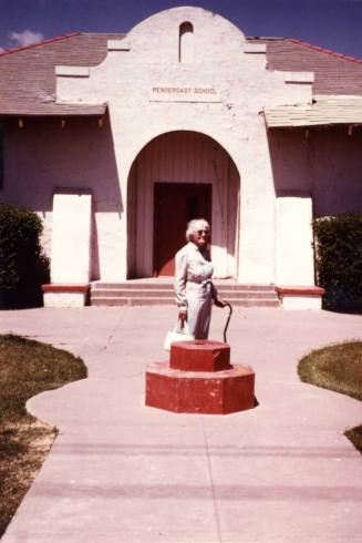 Photograph - Jessie Fisk in front of Pendergast School 1988
