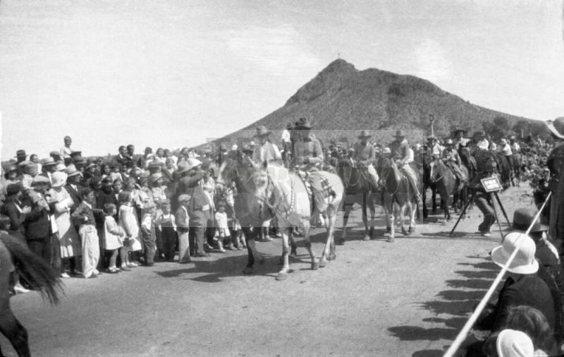 Negative - Riders and horses cross bridge during Dedication of Tempe, Mill Ave Bridge c. 1933