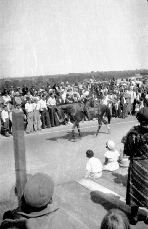 Negative - Horse and Rider crossing bridge during Dedication of Tempe, Mill Ave Bridge, c. 1933