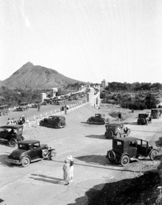 Negative - automobiles leaving Dedication of Tempe, Mill Ave Bridge c. 1933