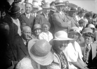 Negative - Governor, Mrs. Moeur & child surrounded by crowd of people during Dedication of Tempe, Mill Ave Bridge, c. 1933