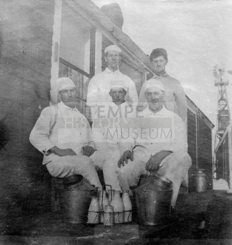 Dairy Employees Posing with Milk Bottles - D.Curtis Standing on Back Left