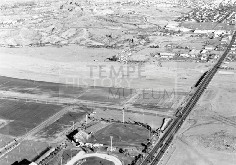 Aerial of Rural Road, ASU baseball field and track fields, and Salt River