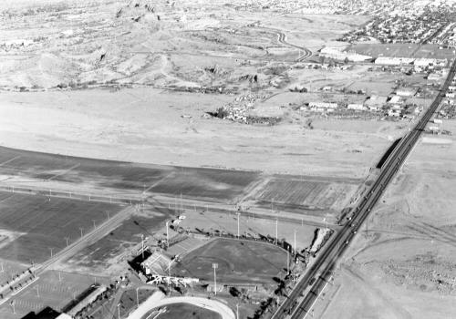 Aerial of Rural Road, ASU baseball field and track fields, and Salt River