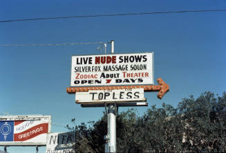 Sign for Silver Fox Massage Salon and Zodiac Adult Theatre saying "Open 7 Days" and "Live Live Topless". Also, to the lower left, a billboard with "Holiday Greetings" and a handmade sign for "Nita's Hideaway"
