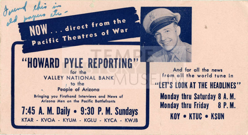 Pink radio ad blotter for "Howard Pyle Reporting" and "Now... direct from Pacific Theatres of War"
