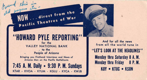 Pink radio ad blotter for "Howard Pyle Reporting" and "Now... direct from Pacific Theatres of War"