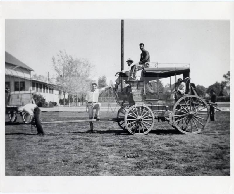 Group of Young Men Posed with Stagecoach for Drama Production