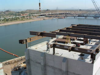Tempe Center for the Arts construction photograph-Steel Beam being Lowered onto Roof