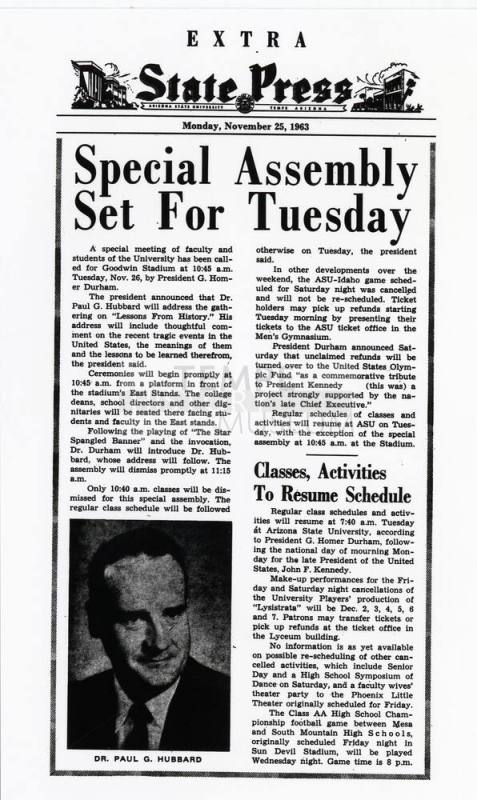State Press news article about a Special Assembly following President Kennedy assassination