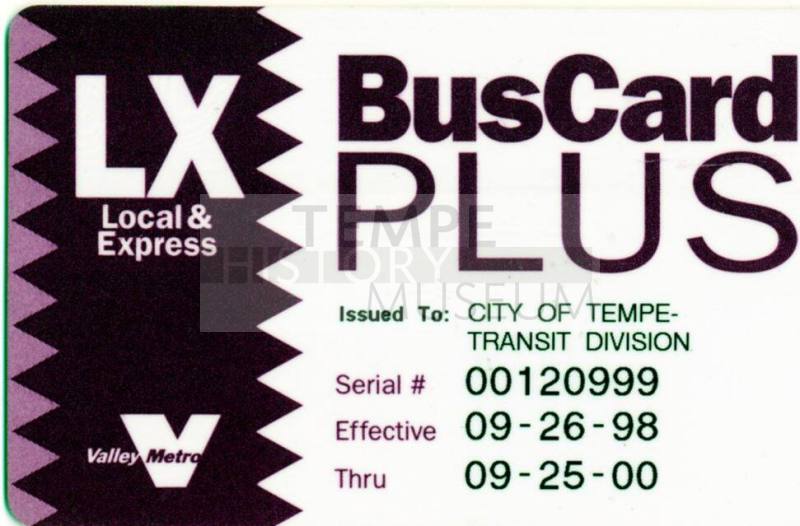 Valley Metro Bus Card Plus.  Fare swipe card.