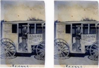 Photograph of Adams Dairy cart and Gene Adams