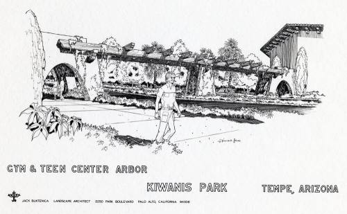 Mounted drawing of a gym and teen center and arbor for Kiwanis Park