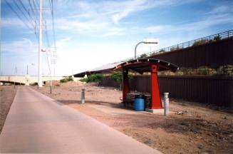 Rio Salado walkway, red metal covered rest stop