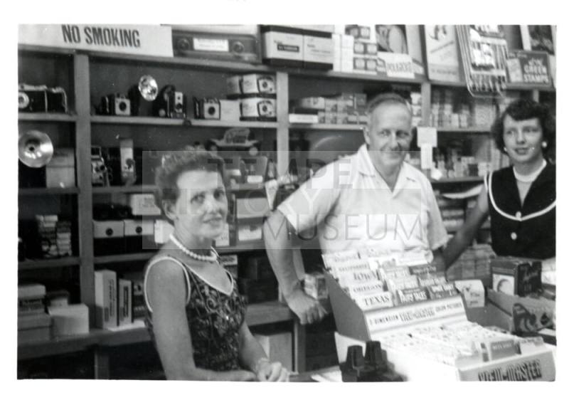 Pioneer Camera Shop - Bill and daugther, Patricia Wood with family friend