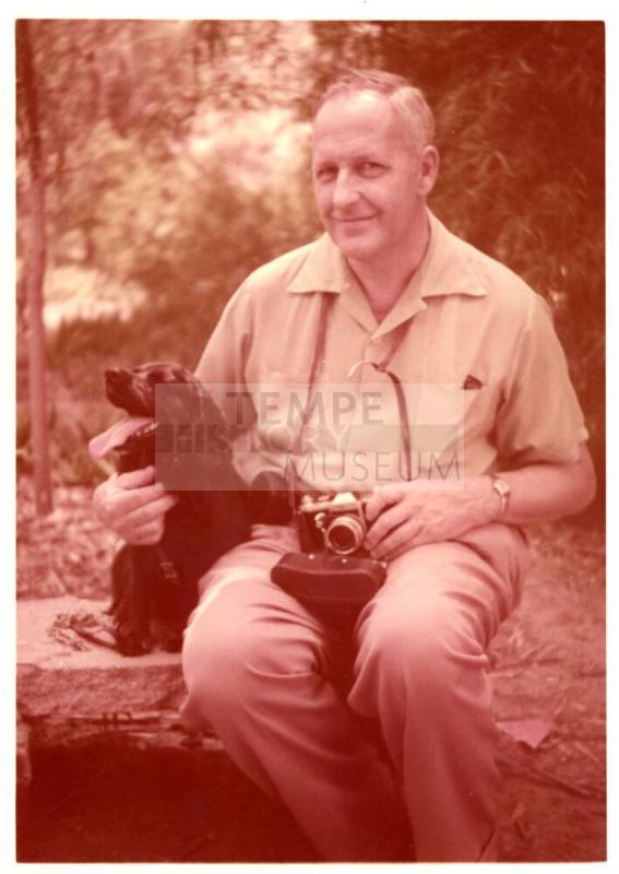 Sepia Photograph of William Hurlburt Wood, Cocker Spaniel Cindy and a Camera