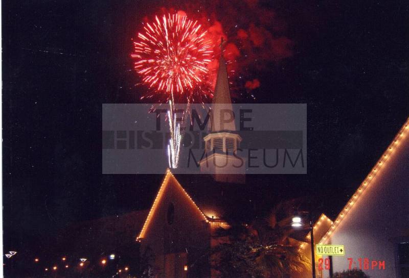 Photograph of First Congregational Church of Tempe with New Year's Eve Fireworks
