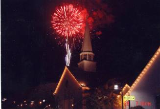 Photograph of First Congregational Church of Tempe with New Year's Eve Fireworks