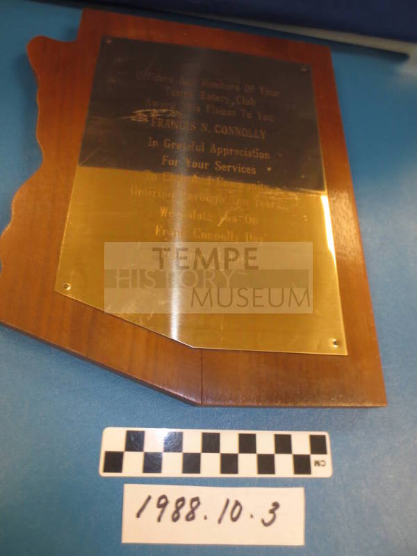Plaque- Awarded by Tempe Rotary Club, 1966