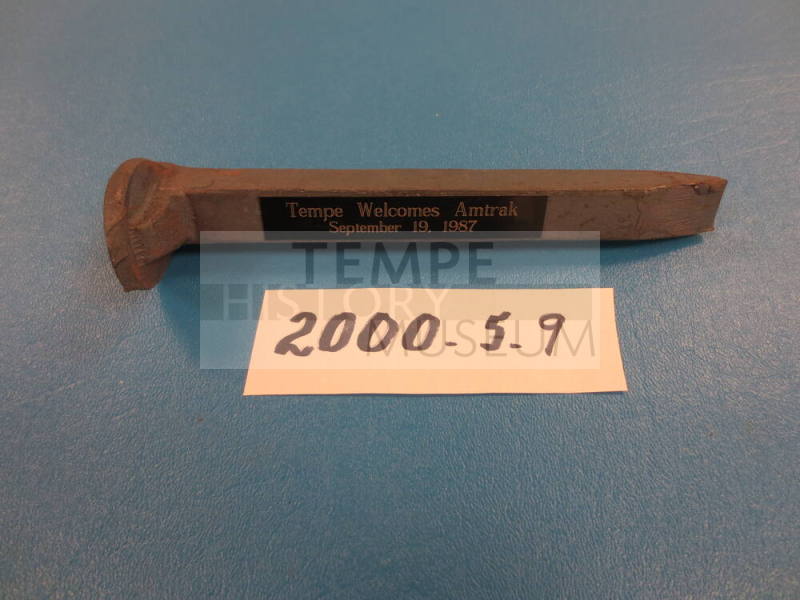 Spike - Railroad, Engraved Plate "Tempe Welcomes Amtrak Sept. 19, 1987".