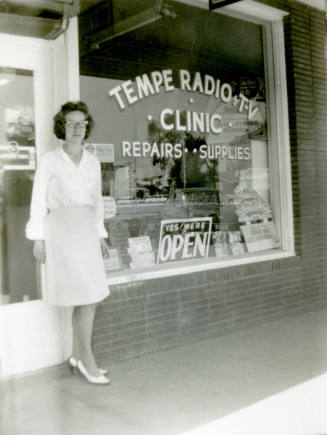 Irene Hertenstein in front of Tempe Radio TV Clinic