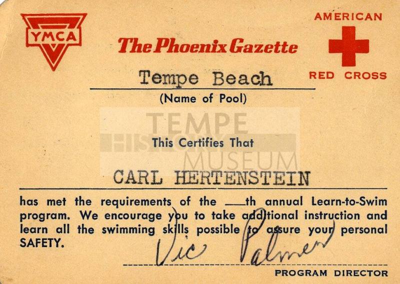 Carl Hertenstein's YMCA  American Red Cross Learn To Swim Certificate