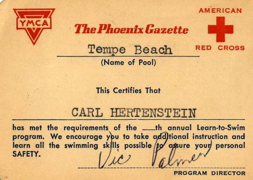 Carl Hertenstein's YMCA  American Red Cross Learn To Swim Certificate