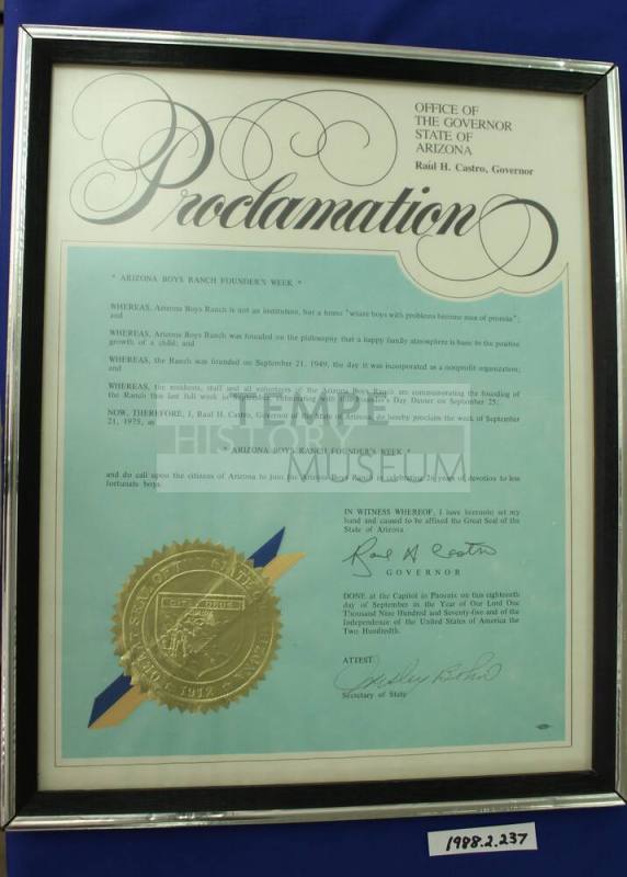 Arizona Boys Ranch Founder's Week Proclamation by Gov. Castro, framed
