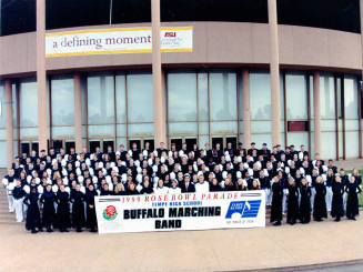 Tempe High School - Marching Band in front of Gammage with Rose Bowl Parade Banner