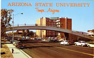 Postcard of "Rainbow Bridge" pedestrian bridge with Palo Verde West dormitory in the background, Arizona State University, Tempe, Arizona.