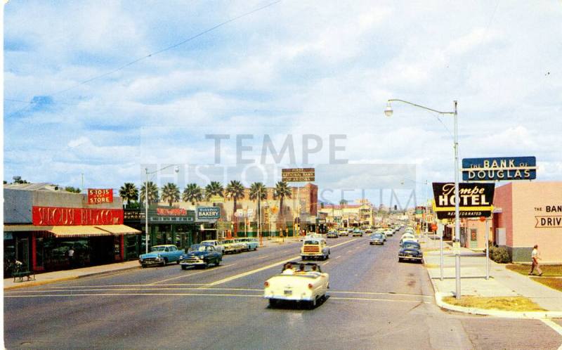 Postcard of Mill Avenue, Tempe, Arizona.