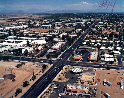 Aerial photo of University & McClintock -- Shoot from southwest of McClintock going northeast, and get as much of the intersection and the street as possible