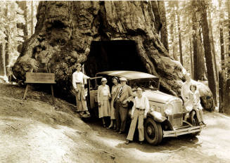 Group photo of Dr. Fenn J Hart and his family posing against a car under a giant Sequoia tree at Yosemite National Park