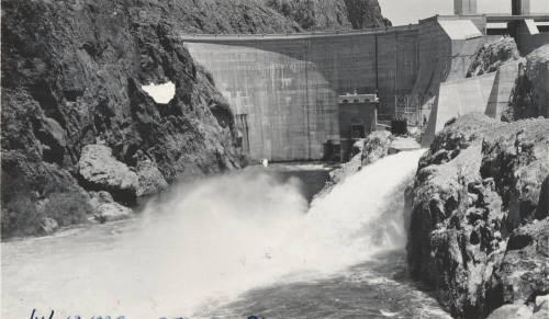 Photo-  Mormon Flat dam with one gate open