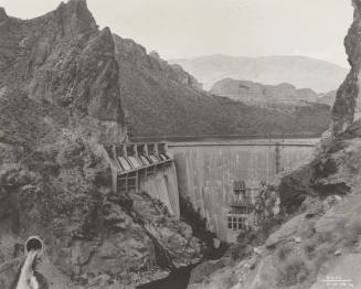 Photo-View of Horse Mesa Dam with spillway gate raised 5  3/4" for water release