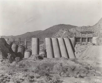 Photo-View of dam construction from the base of Bartlett Dam