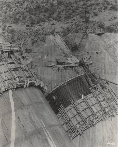 Photo- Partial construction of two  buttresses at Bartlett Dam, top view