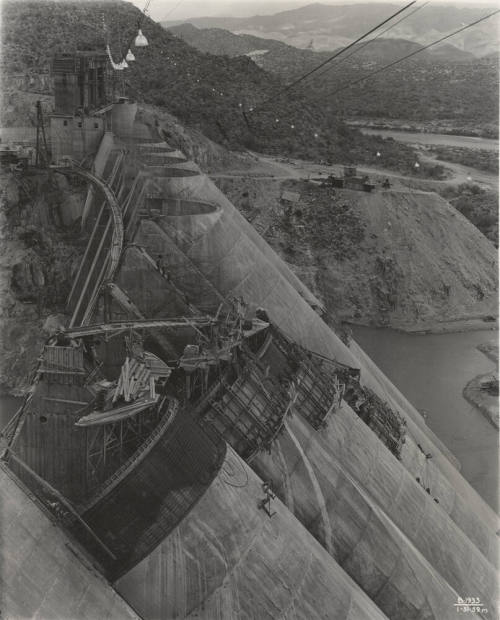 Photo- Top view of partial construction of seven buttresses at Bartlett Dam