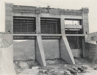 Photo- View of spillway and spillway gates opening at Bartlett Dam