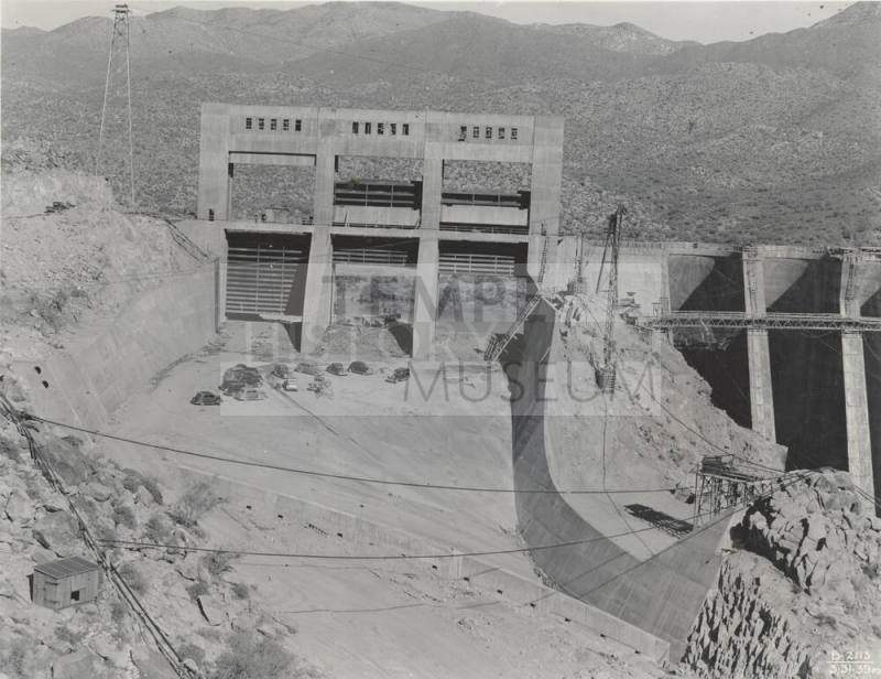 Photo- View of Bartlett Dam and spillway gates under construction
