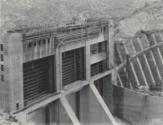 Photo- Close-up view of the construction of the spillway of Bartlett Dam
