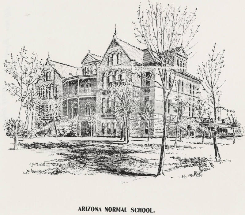 Photo of a pen and ink sketch of main building at Arizona Normal School