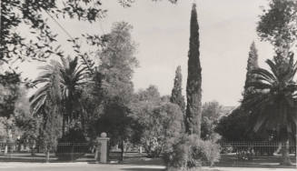 Park area and entrance to grounds north of Old Main at Arizona State University